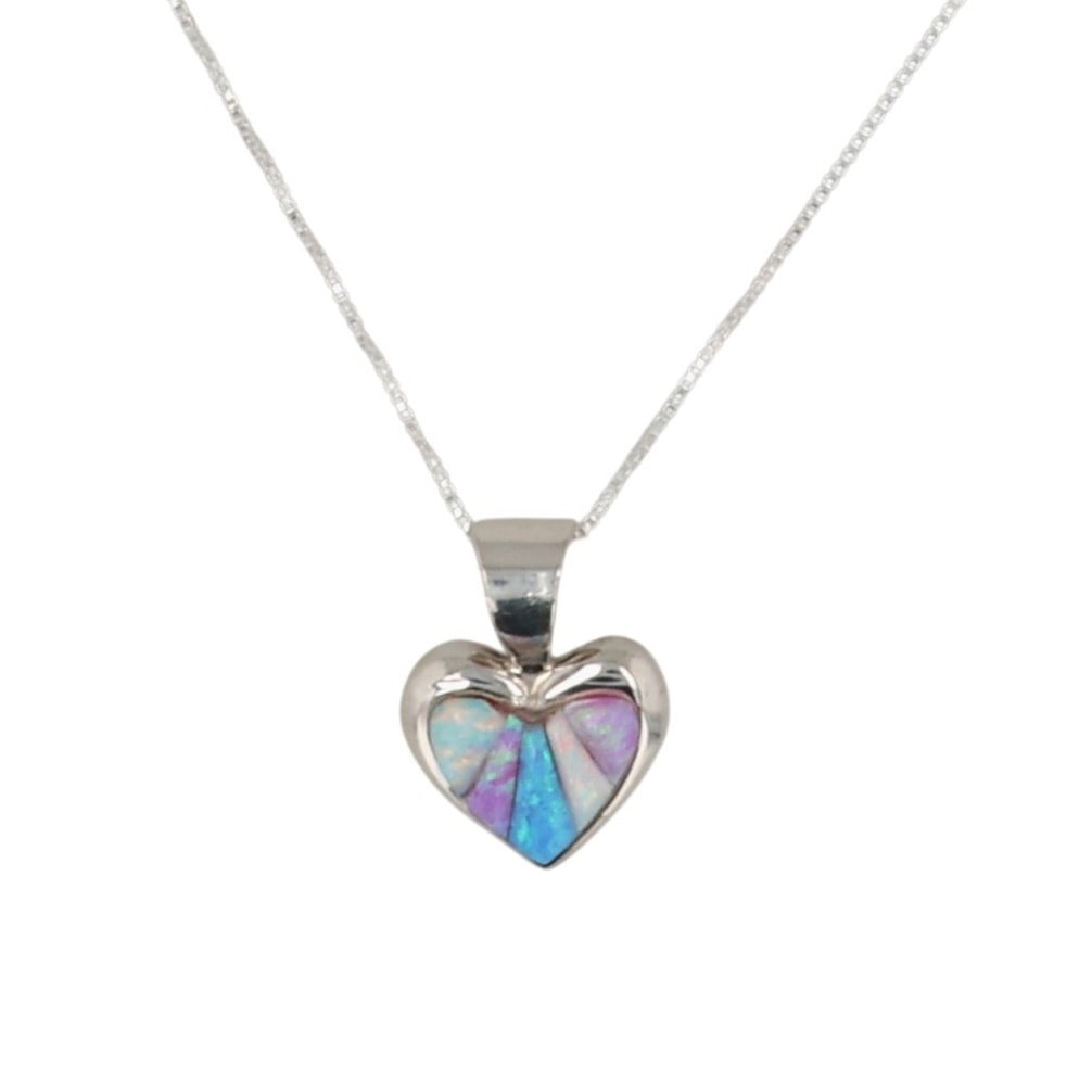 Allen Lee Navajo Sterling Opal Inlay Heart Necklace: Allen Lee Navajo Sterling Opal Inlay Heart Necklace / 3g / Unable to decipher signature. Artist attribution based on accompanying tag.