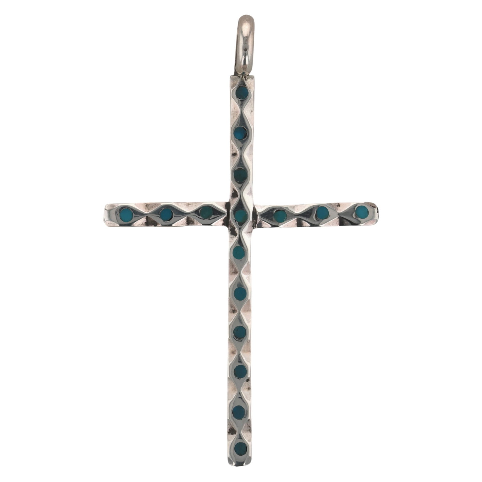 Gilbert Weebothee Zuni Sterling Turquoise Inlay Cross Pendant: Gilbert Weebothee Zuni Sterling Turquoise Inlay Cross Pendant / 3.5g / Unsigned. Artist attribution based on accompanying tag.