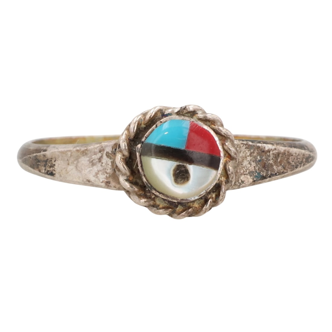 Emerson Vallo Zuni Sterling Multi-Stone Inlay Sunface Ring Sz 5: Emerson Vallo Zuni Sterling Multi-Stone Inlay Sunface Ring Sz 5 / 1g / Coral, Onyx, Turquoise, Mother of Pearl / Unsigned. Artist attribution based on accompanying tag.
