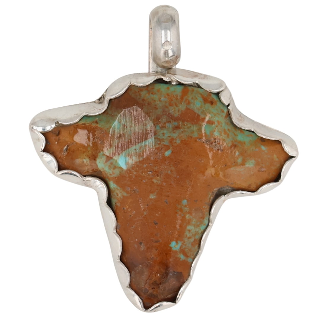Leola Nastacio Zuni Sterling Turquoise Steer Head Pendant: Leola Nastacio Zuni Sterling Turquoise Steer Head Pendant / 3.5g / Unsigned. Artist attribution based on accompanying tag.