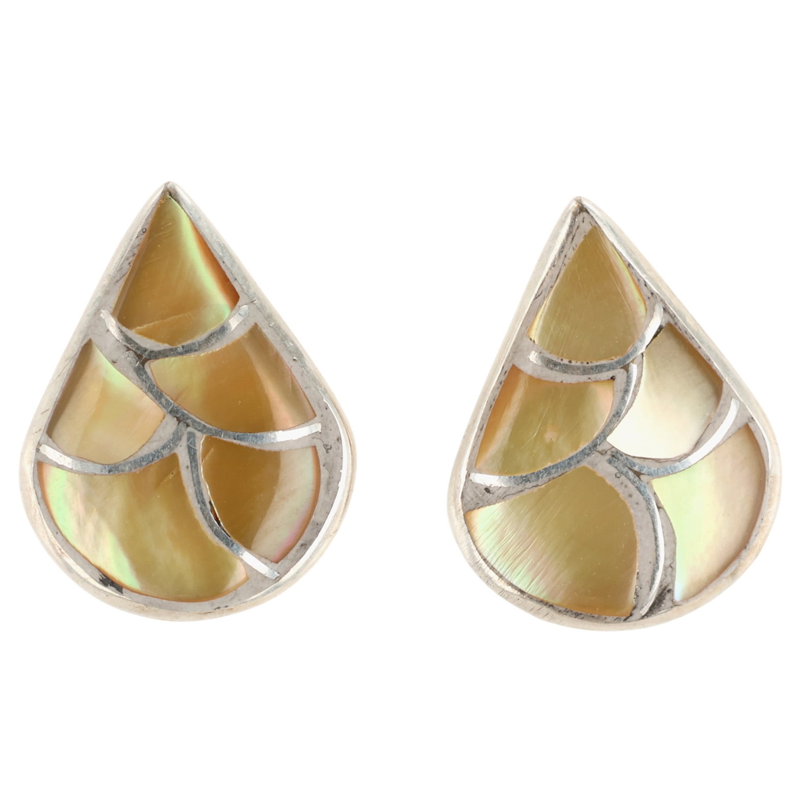 Karen Lalio Zuni Sterling Mother of Pearl Inlay Earrings: Karen Lalio Zuni Sterling Mother of Pearl Inlay Earrings / 2g / Unsigned. Artist attribution based on accompanying tag.
