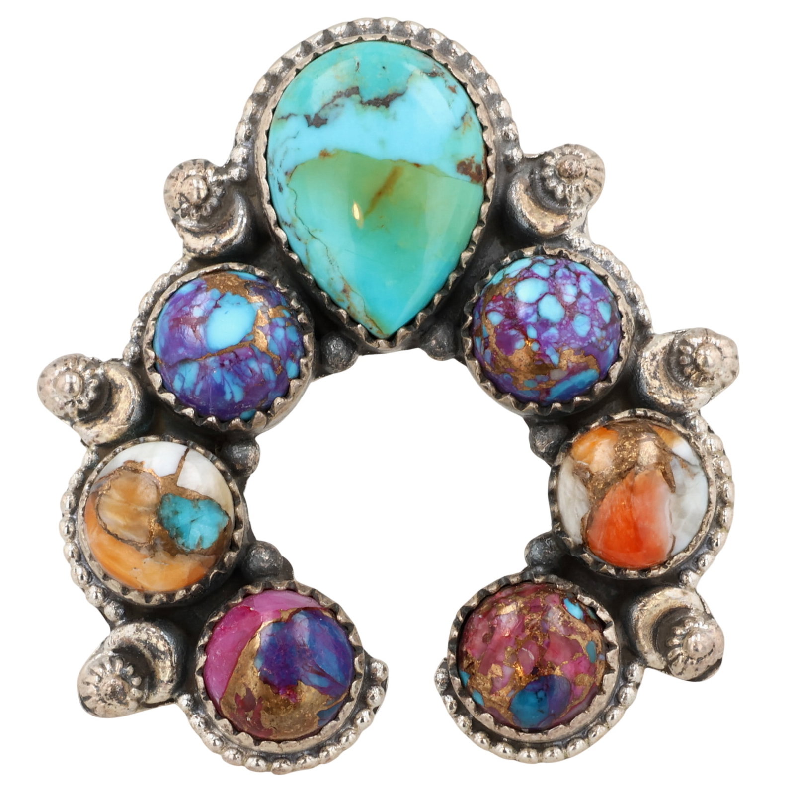 HaDa Collection Sterling Multi-Stone Naja Adjustable Ring: HaDa Collection Sterling Multi-Stone Naja Adjustable Ring Sz 7.5 / 20g / Compressed Turquoise, Compressed Spiny Oyster, Pink Dahlia