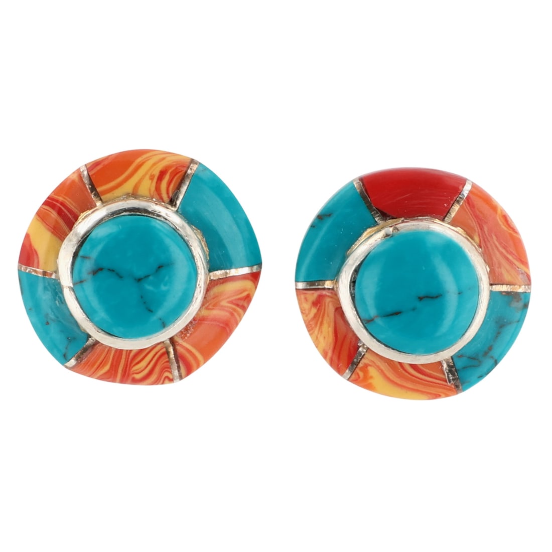 Valerie Benally Navajo Sterling Multi-Stone Inlay Earrings: Valerie Benally & Fred Manuelito Navajo Sterling Multi-Stone Inlay Earrings / 2g / Block Turquoise, Synthetic Spiny Oyster