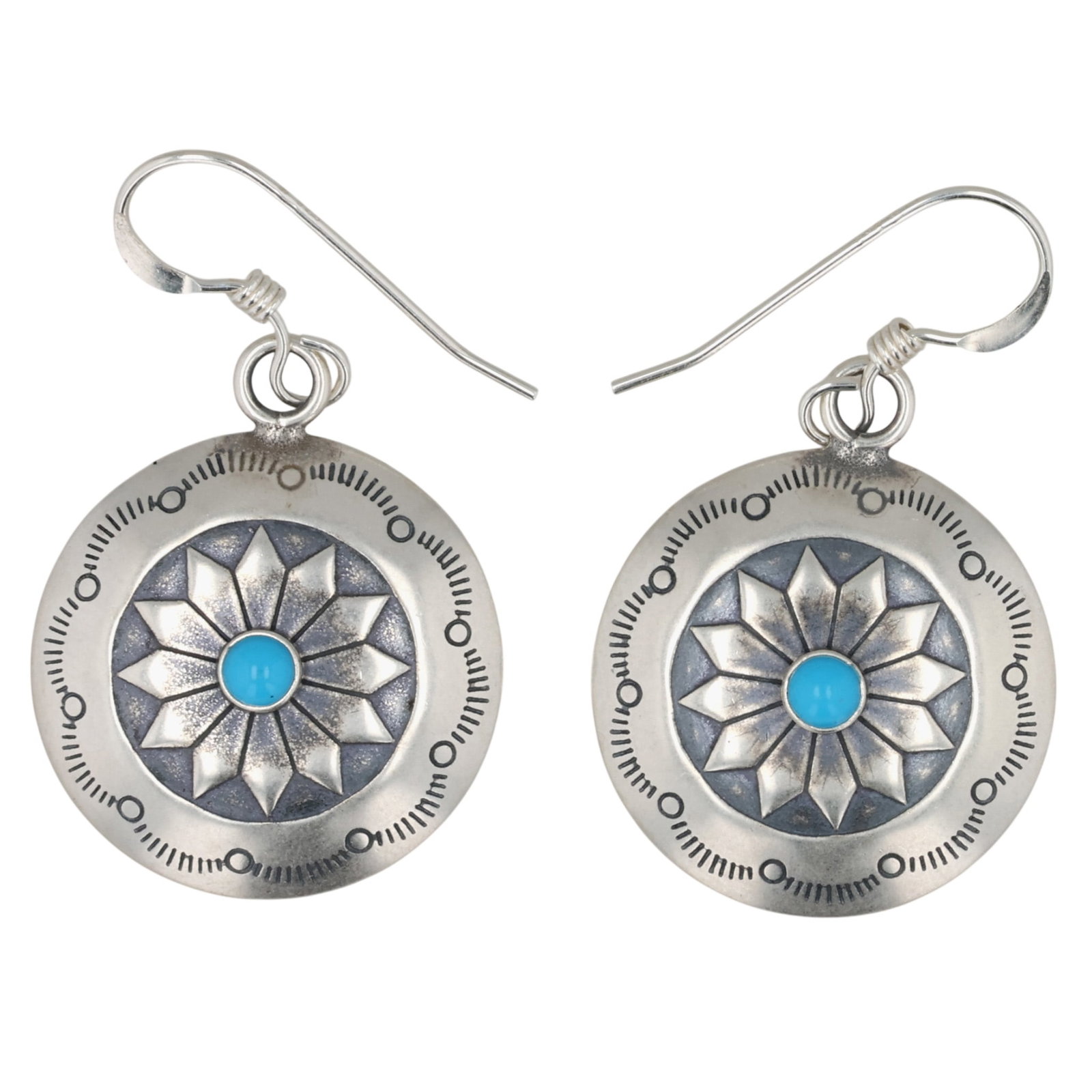 Southwest Sterling Kingman Turquoise Stamped Disc Earrings: Southwest Sterling Kingman Turquoise Stamped Disc Earrings / 3g