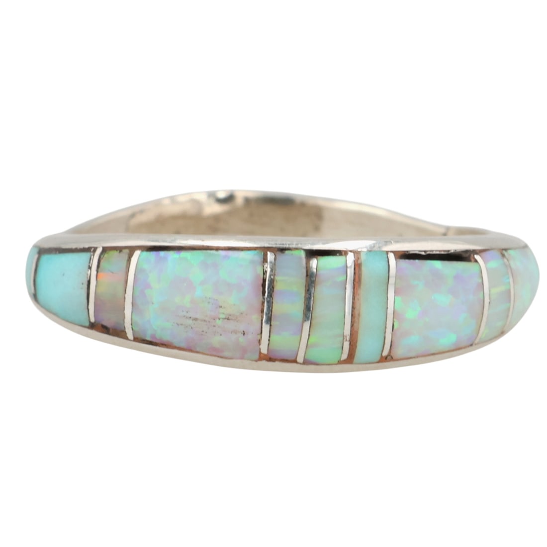 Kerri Peina Zuni Sterling Opal Inlay Ring Sz 7.5: Kerri Peina Zuni Sterling Opal Inlay Ring Sz 7.5 / 1.5g / Some inlay does not sit completely flush against the settings, see photo, as is / Unsigned. Artist attribution based on accompanying tag.