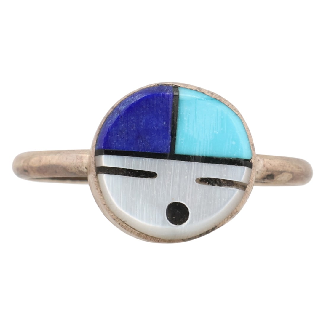 Emerson Vallo Zuni Sterling Multi-Stone Inlay Sunface Ring Sz 5: Emerson Vallo Zuni Sterling Multi-Stone Inlay Sunface Ring Sz 5 / 1g / Turquoise, Mother of Pearl, Onyx, Lapis Lazuli / Unsigned. Artist attribution based on accompanying tag.