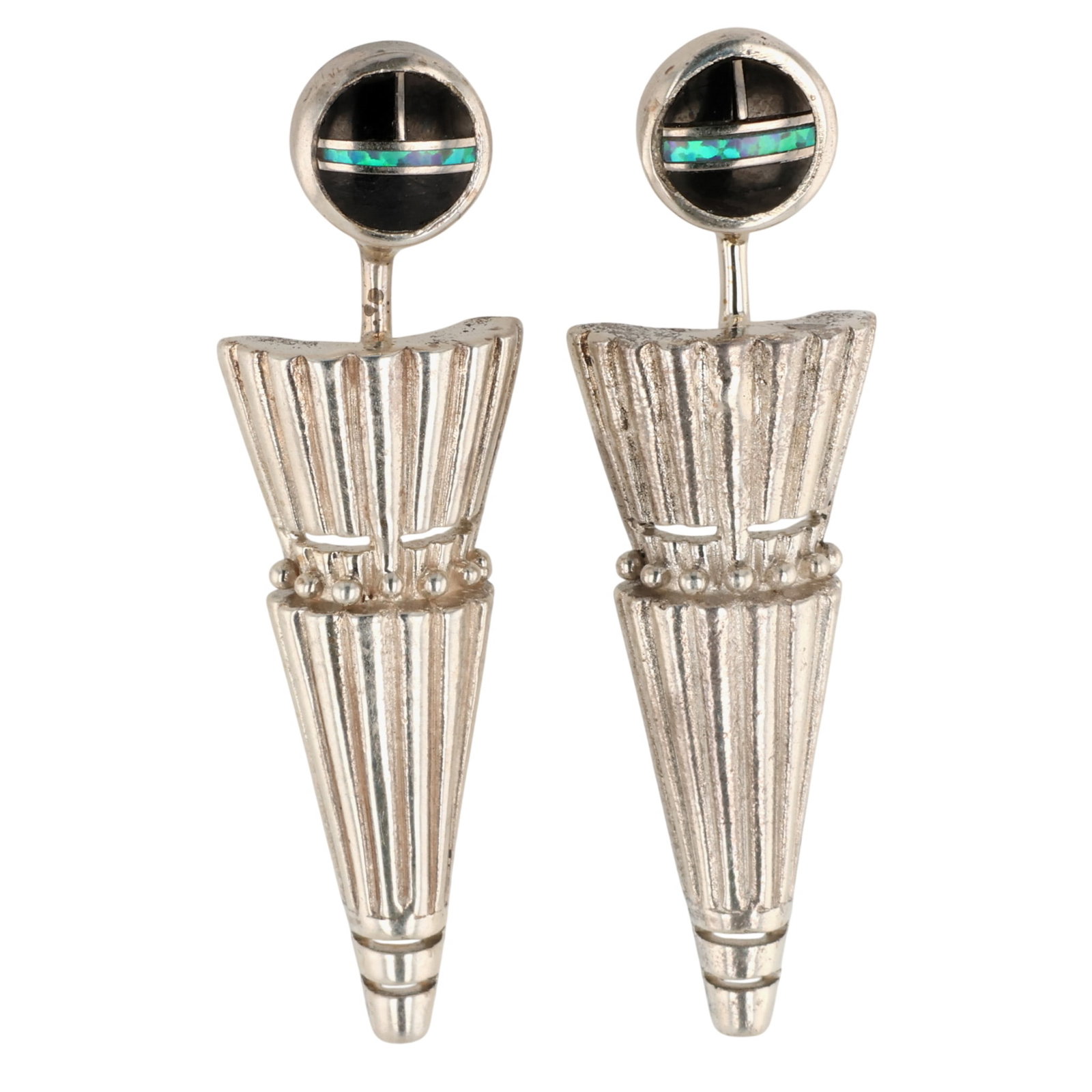 Southwest Sterling Multi-Stone Inlay Dangle Earrings: Southwest Sterling Multi-Stone Inlay Dangle Earrings / 7g / Opal, Onyx
