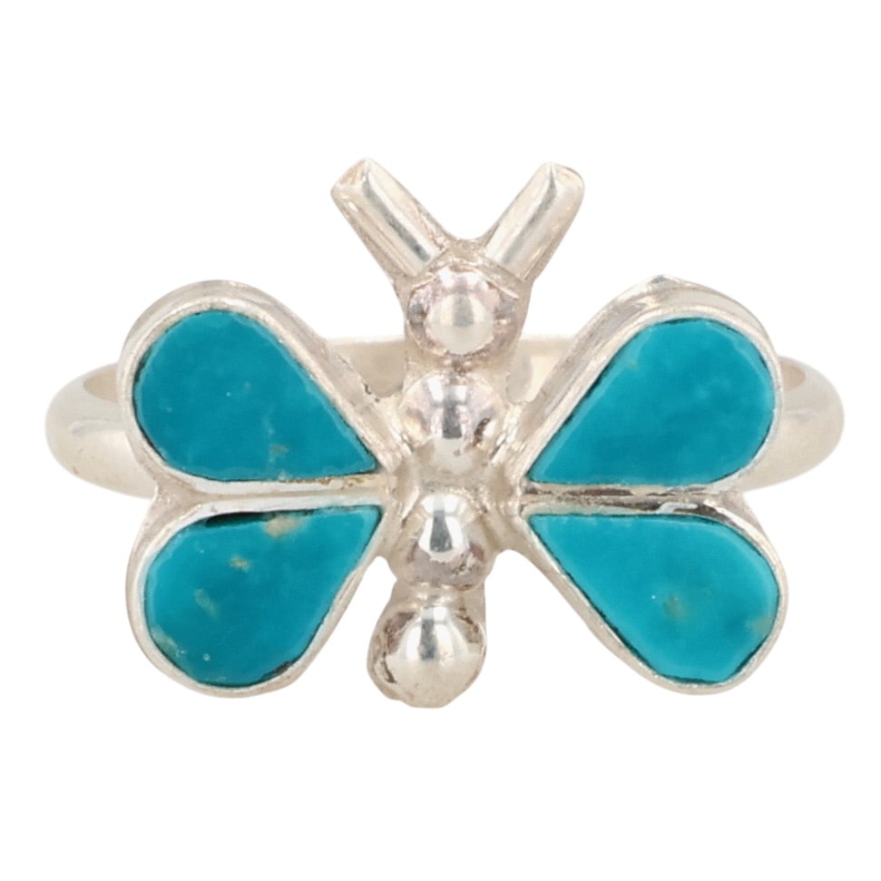 Swain Charley Zuni Sterling Turquoise Butterfly Ring Sz 6: Swain Charley Zuni Sterling Turquoise Butterfly Ring Sz 6 / 2g / Unsigned. Artist attribution based on accompanying tag.