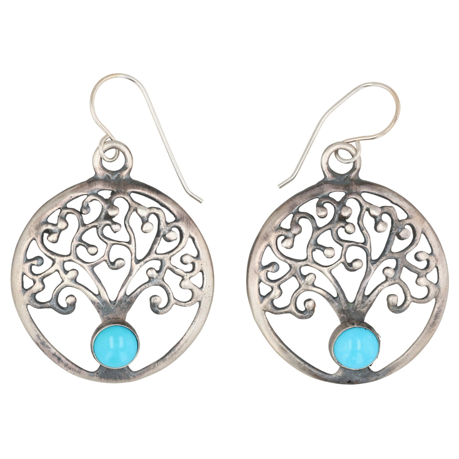 Southwest Sterling Turquoise Tree Dangle Earrings: Southwest Sterling Turquoise Tree Dangle Earrings / 8g