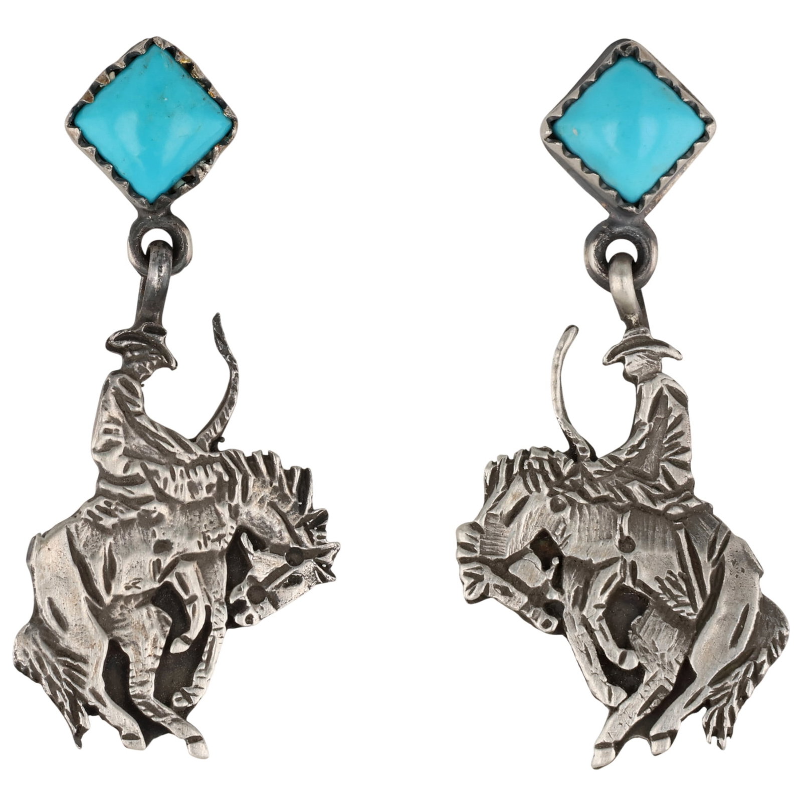 Annie Spencer Navajo Sterling Kingman Turquoise Cowboy Earrings: Annie Spencer Navajo Sterling Kingman Turquoise Cowboy Earrings / 7g / Unsigned. Artist attribution based on accompanying tag.