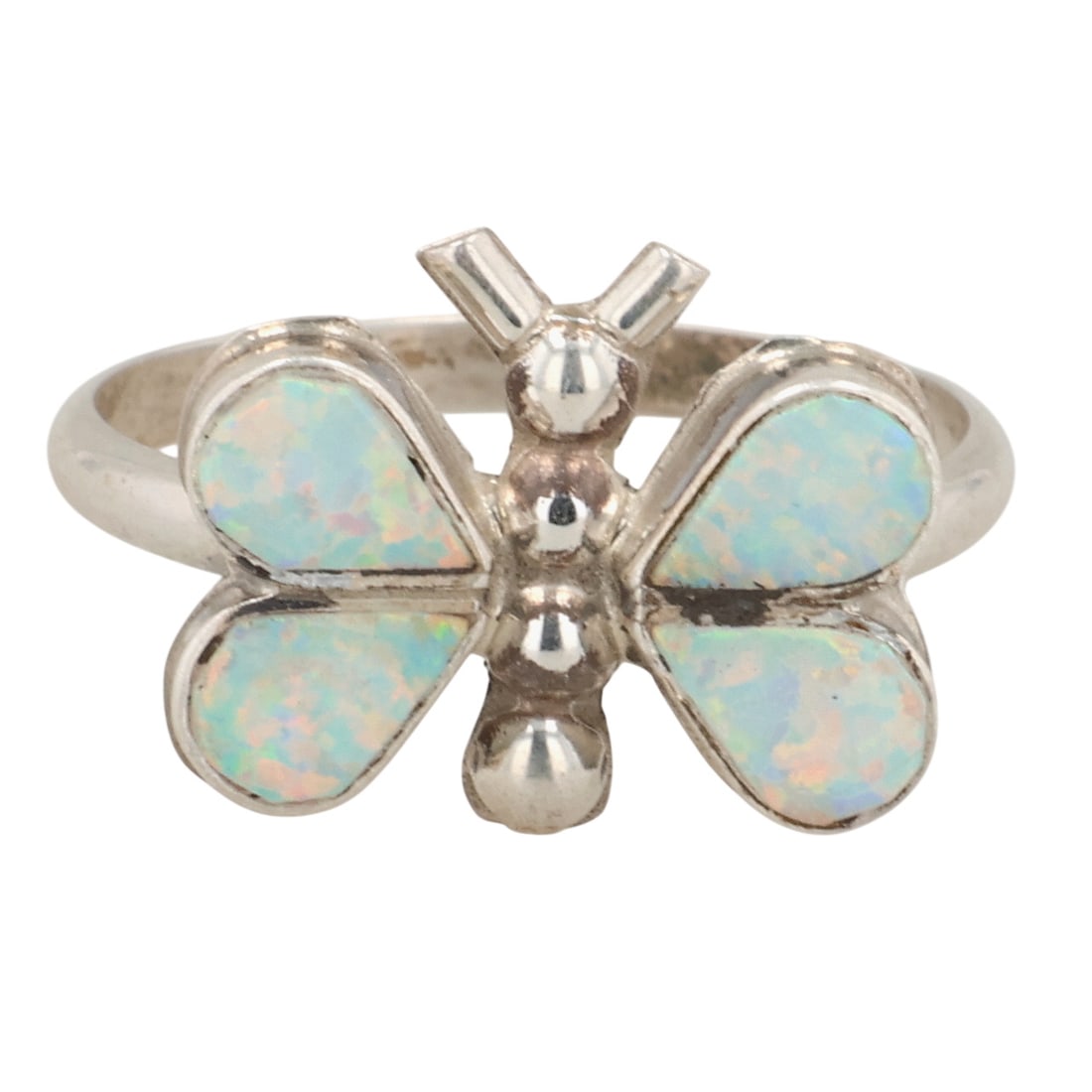Swain Charley Zuni Sterling Opal Butterfly Ring Sz 6.75: Swain Charley Zuni Sterling Opal Butterfly Ring Sz 6.75 / 2g / Unsigned. Artist attribution based on accompanying tag.