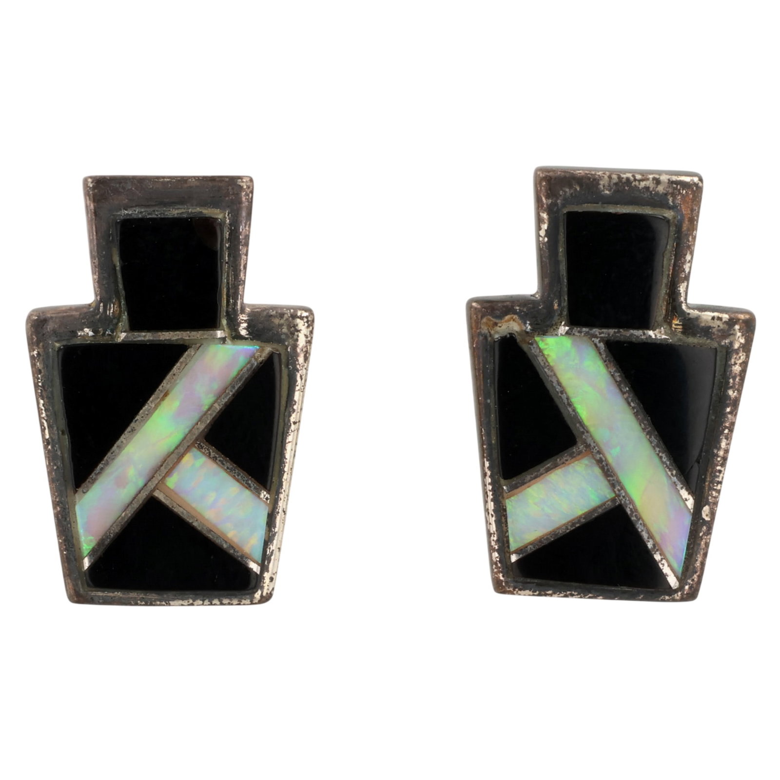 Southwest Sterling Multi-Stone Inlay Earrings: Southwest Sterling Multi-Stone Inlay Earrings / 5g / Opal, Onyx