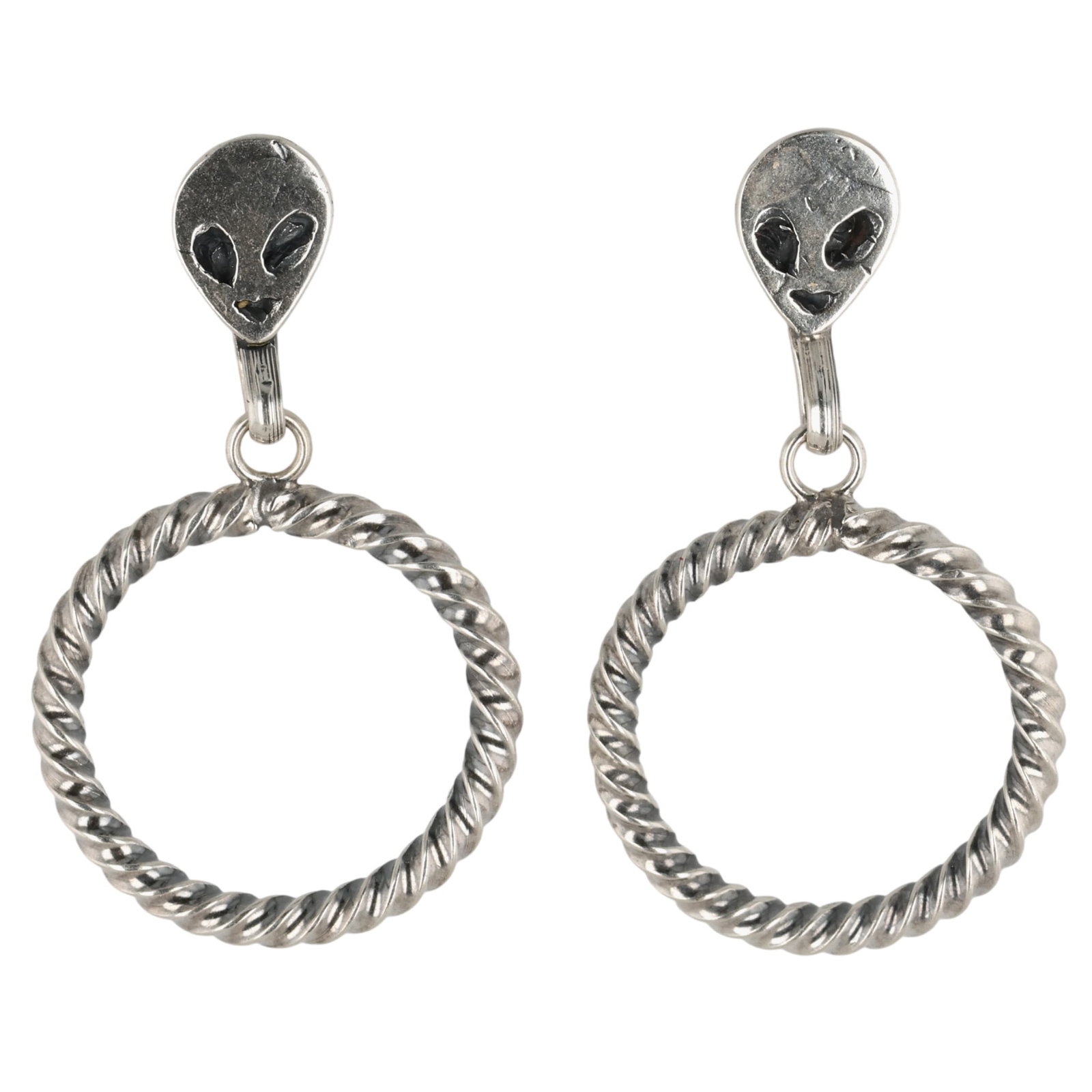 Sonyei Coho Navajo Sterling Alien Hoop Earrings: Sonyei Coho Navajo Sterling Alien Hoop Earrings / 7g / Unsigned. Artist attribution based on accompanying tag.