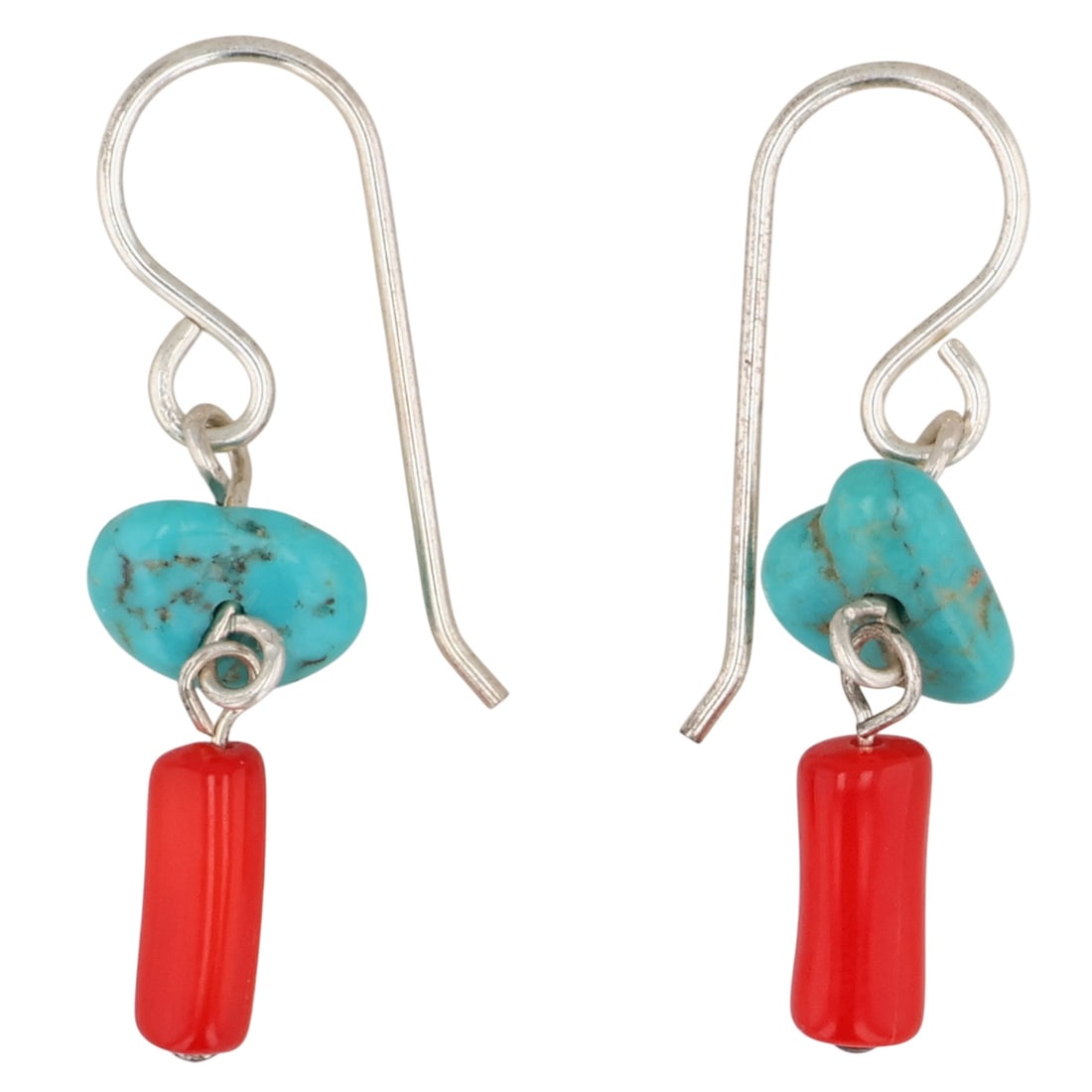 Southwest Sterling Coral Turquoise Dangle Earrings: Southwest Sterling Coral Turquoise Dangle Earrings / 1.5g