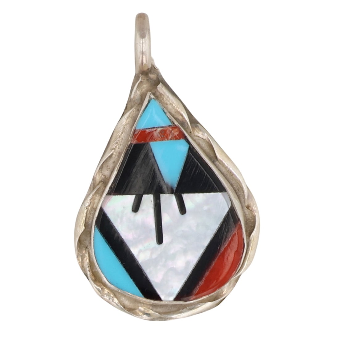 Wilson & Carol Niiha Zuni Sterling Multi-Stone Inlay Pendant: Wilson & Carol Niiha Zuni Sterling Multi-Stone Inlay Pendant / 2g / Coral, Mother of Pearl, Block Turquoise, Onyx