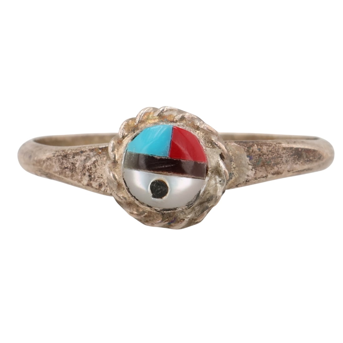Emerson Vallo Zuni Sterling Multi-Stone Inlay Sunface Ring Sz 5.5: Emerson Vallo Zuni Sterling Multi-Stone Inlay Sunface Ring Sz 5.5 / 1g / Coral, Mother of Pearl, Block Turquoise, Onyx / Unsigned. Artist attribution based on accompanying tag.