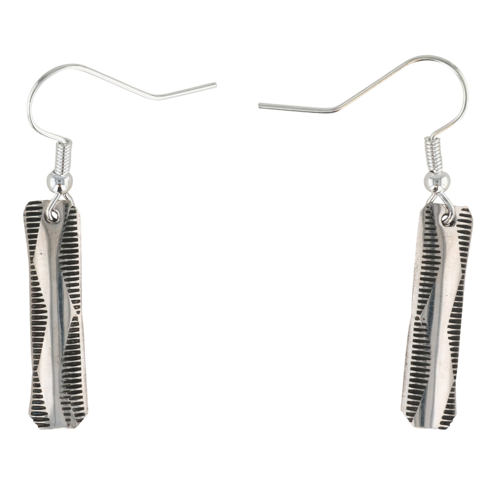 Florence Tahe Navajo Sterling Stamped Bar Earrings: Florence Tahe Navajo Sterling Stamped Bar Earrings / 1g / Unsigned. Artist attribution based on accompanying tag.