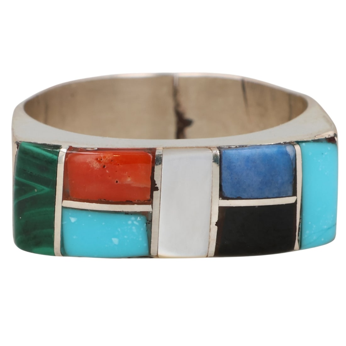 Verna Kanesta Zuni Sterling Multi-Stone Inlay Ring Sz 6.5: Verna Kanesta Zuni Sterling Multi-Stone Inlay Ring Sz 6.5 / 2.5g / Mother of Pearl, Turquoise, Denim Lapis Lazuli, Coral, Malachite / Unsigned. Artist attribution based on accompanying tag.
