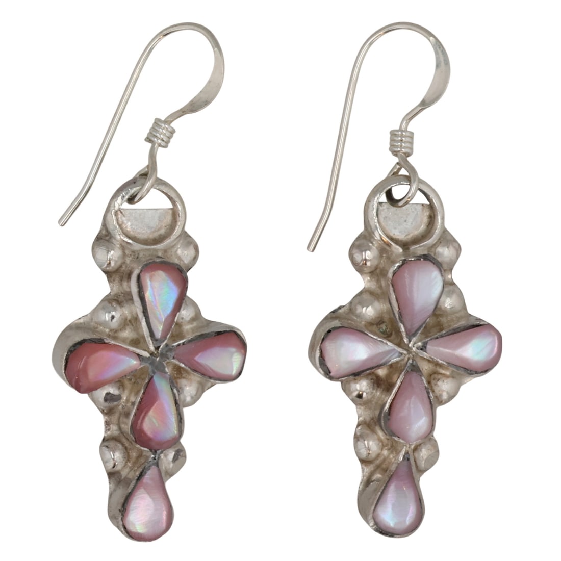 Pino Yunie Zuni Sterling Mother of Pearl Cross Earrings: Pino Yunie Zuni Sterling Mother of Pearl Cross Earrings / 5g / Unsigned. Artist attribution based on accompanying tag.