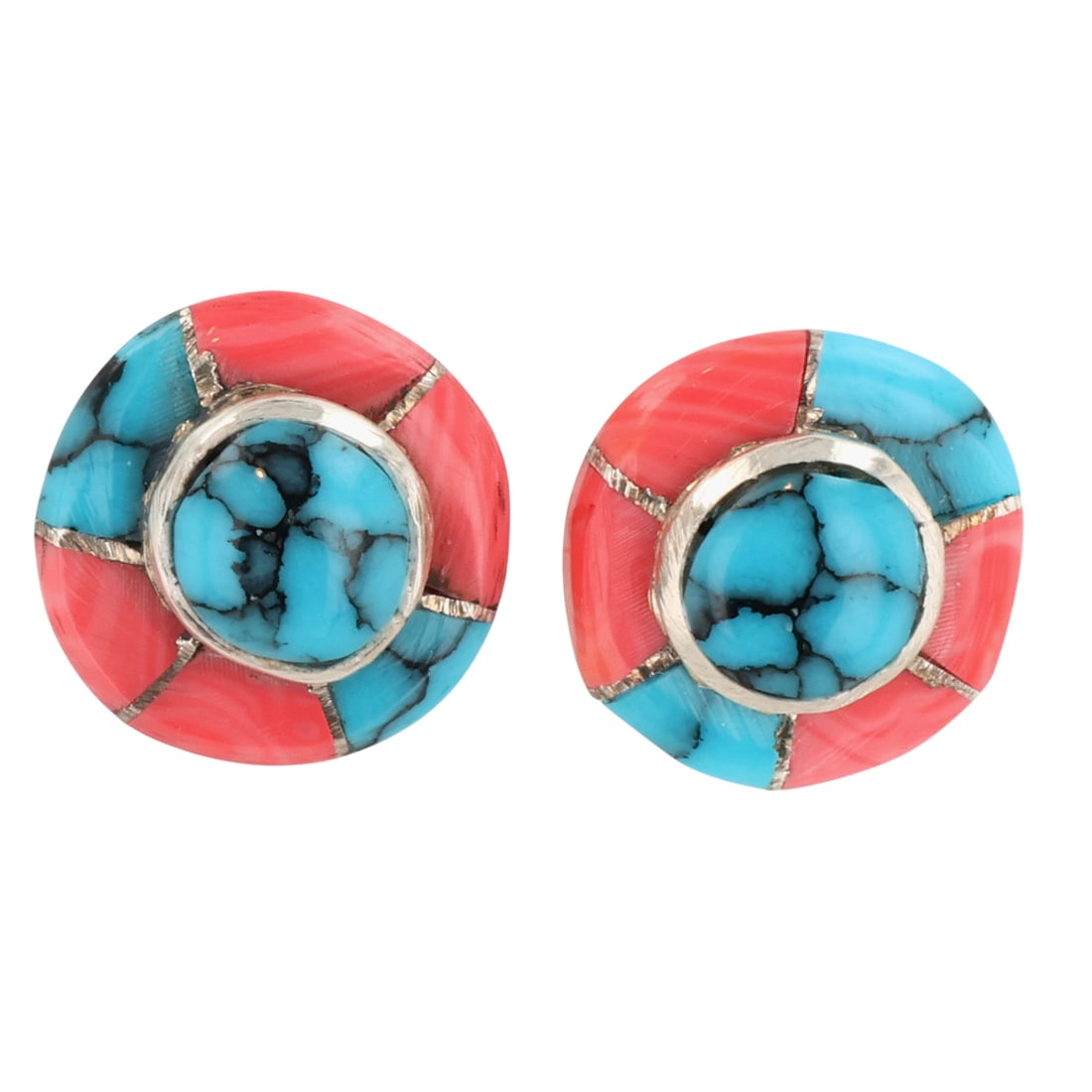 Valerie Benally Navajo Sterling Multi-Stone Inlay Earrings: Valerie Benally & Fred Manuelito Navajo Sterling Multi-Stone Inlay Earrings / 2g / Spiny Oyster, Turquoise