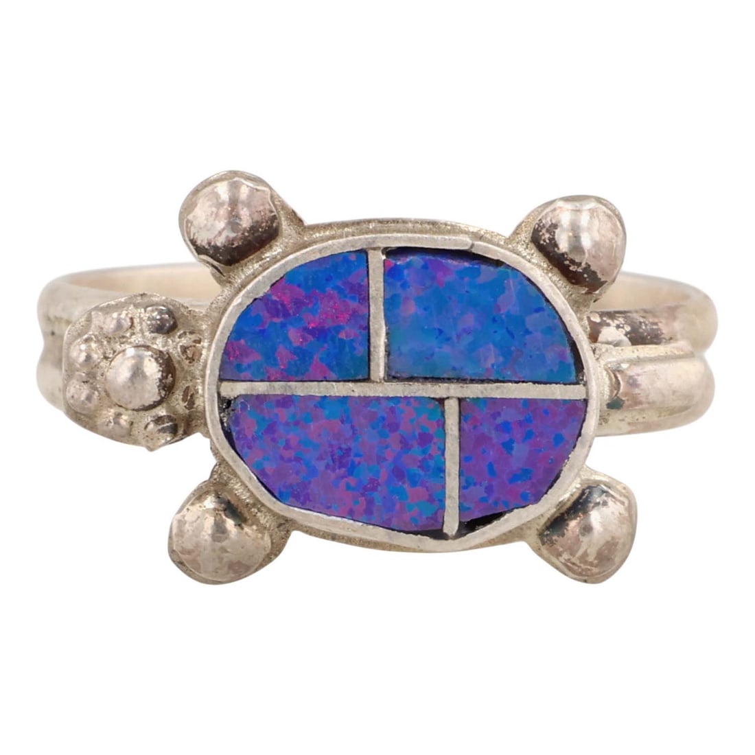 Swain Charley Zuni Sterling Opal Inlay Ring Sz 6.75: Swain Charley Zuni Sterling Opal Inlay Ring Sz 6.75 / 2.5g / Unsigned. Artist attribution based on accompanying tag / Some inlay does not sit completely flush against the settings, see photo, as is.