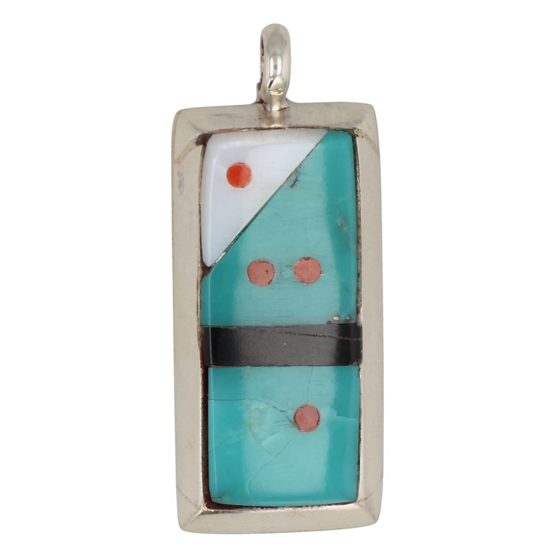 Jovi Burns Zuni Sterling Multi-Stone Inlay Domino Pendant: Jovi Burns Zuni Sterling Multi-Stone Inlay Domino Pendant / 7g / Turquoise, Coral, Onyx, Mother of Pearl
