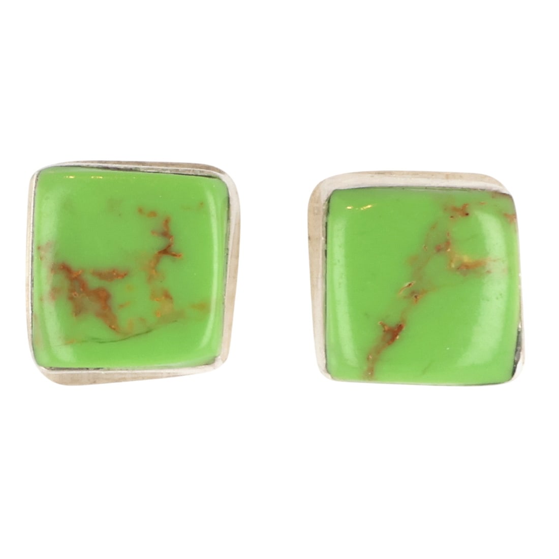 Angie Rosetta Zuni Sterling Gaspeite Earrings: Angie Rosetta Zuni Sterling Block Gaspeite Earrings / 0.7g / Unsigned. Artist attribution based on accompanying tag.