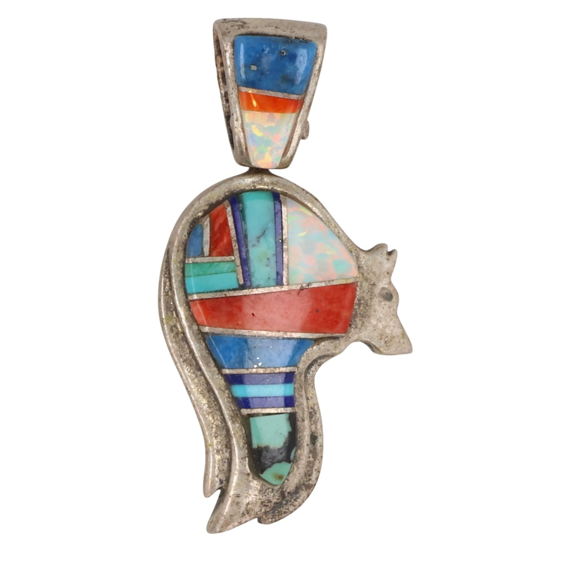 Gene Martinez Navajo Sterling Multi-Stone Inlay Bear Pendant: Gene Martinez Navajo Sterling Multi-Stone Inlay Bear Pendant / 4g / Opal, Spiny Oyster, Turquoise, Denim Lapis Lazuli, Lapis Lazuli / Signed GM and Lazuli. Artist attribution based on accompanying tag