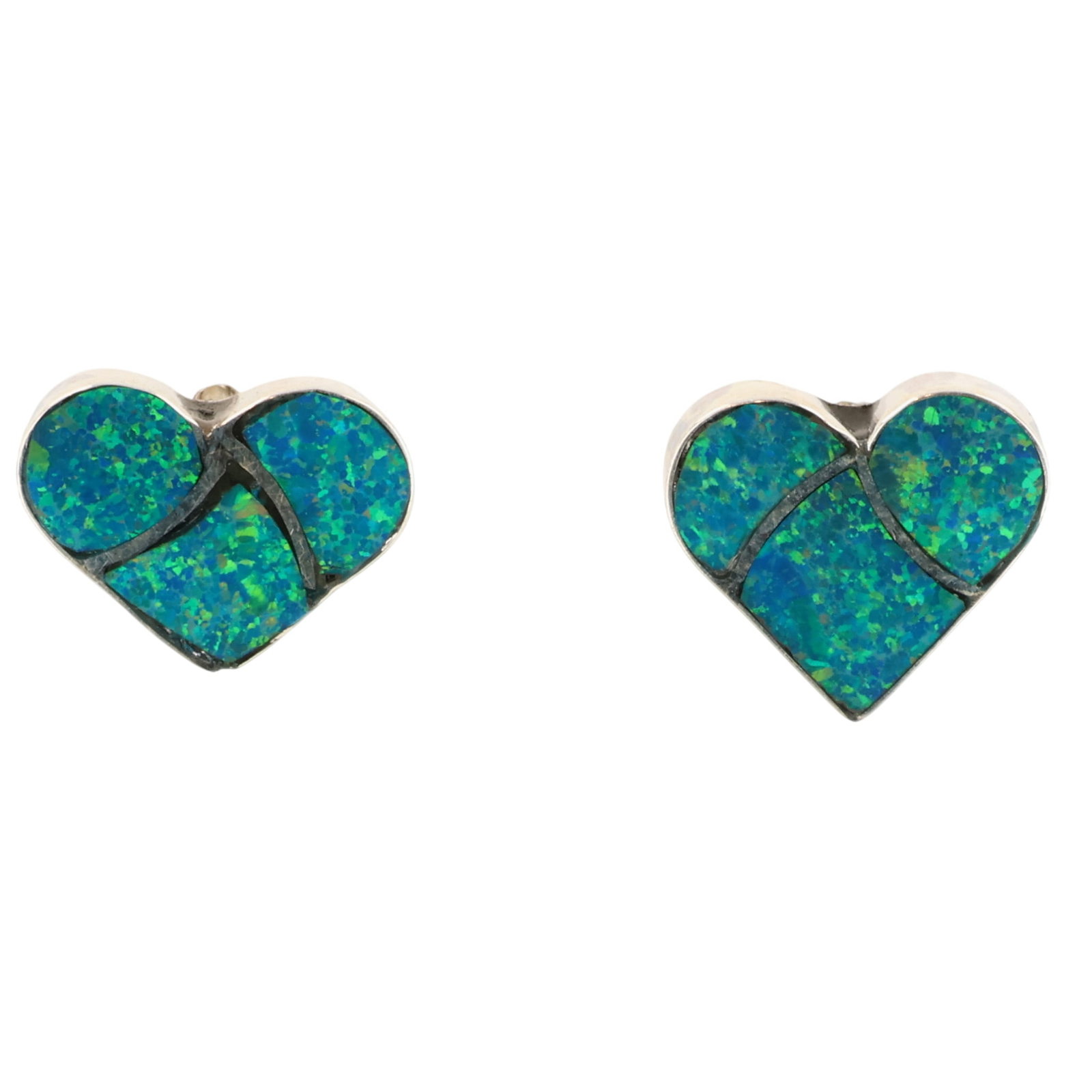 Lynelle Johnson Zuni Sterling Opal Inlay Heart Earrings: Lynelle Johnson Zuni Sterling Opal Inlay Heart Earrings / 1g