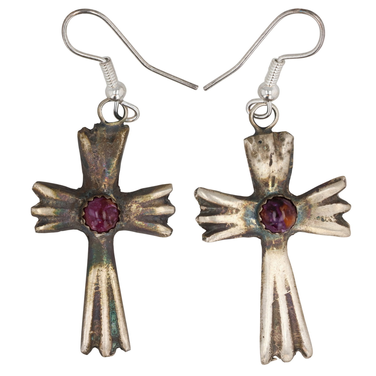 Tonya Yazzie Navajo Sterling Spiny Oyster Cross Earrings: Tonya Yazzie Navajo Sterling Compressed Spiny Oyster Cross Earrings / 8g