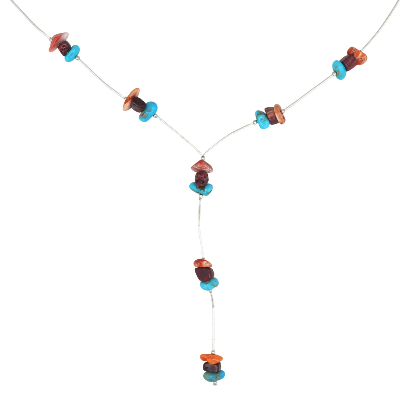 Southwest Sterling Liquid Silver Multi-Stone Lariat Necklace: Southwest Sterling Liquid Silver Multi-Stone Lariat Necklace / 10g / Spiny Oyster, Turquoise