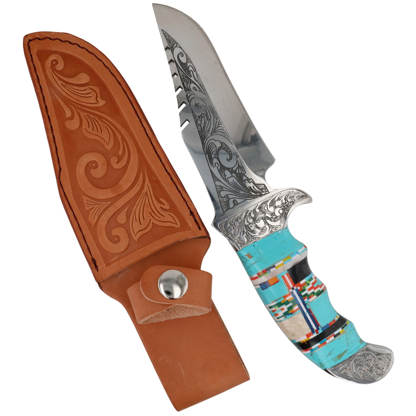 Southwest Multi-Stone Engraved Knife & Leather Sheath (1 of 10)