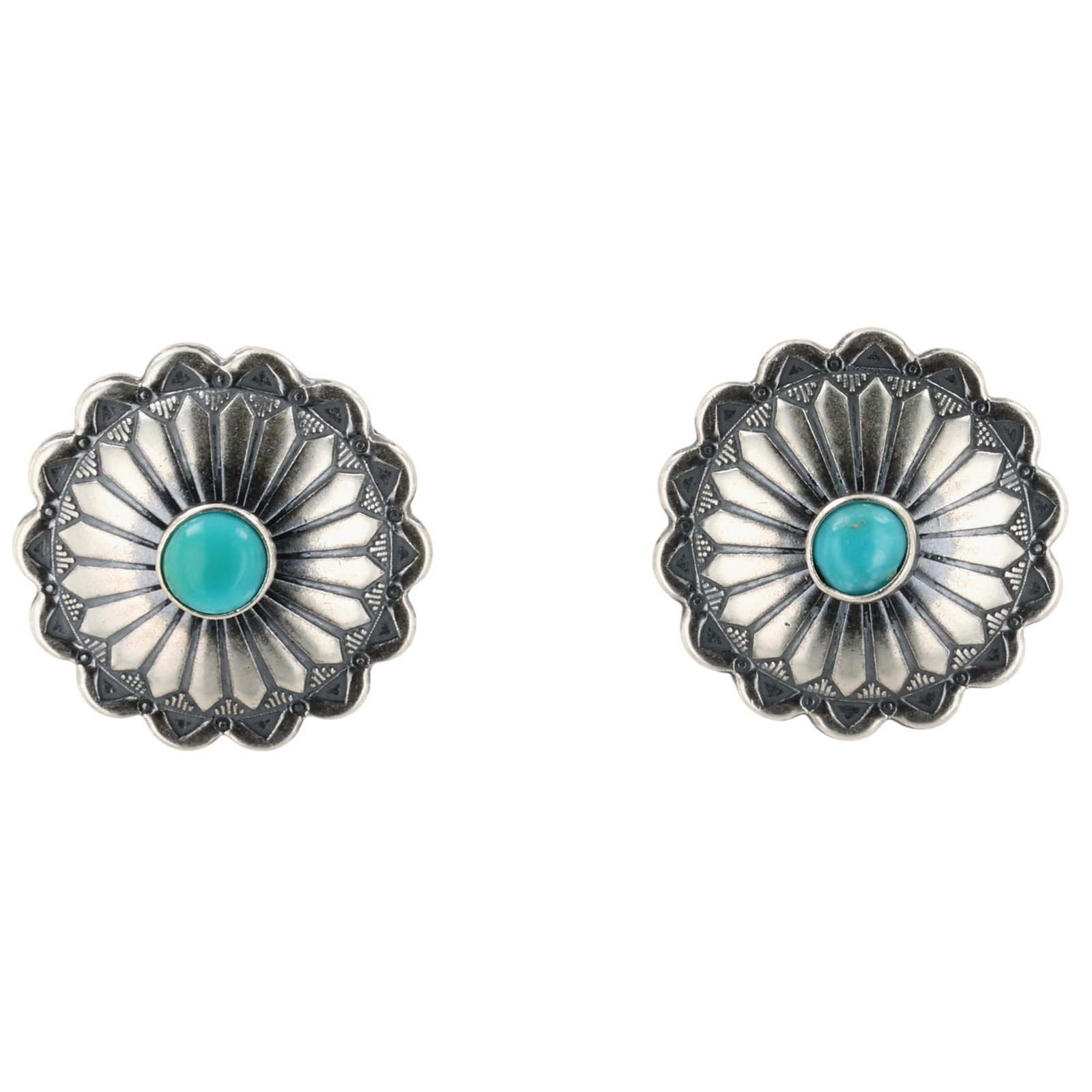 Southwest Sterling Kingman Turquoise Stamped Disc Earrings: Southwest Sterling Kingman Turquoise Stamped Disc Earrings / 1g