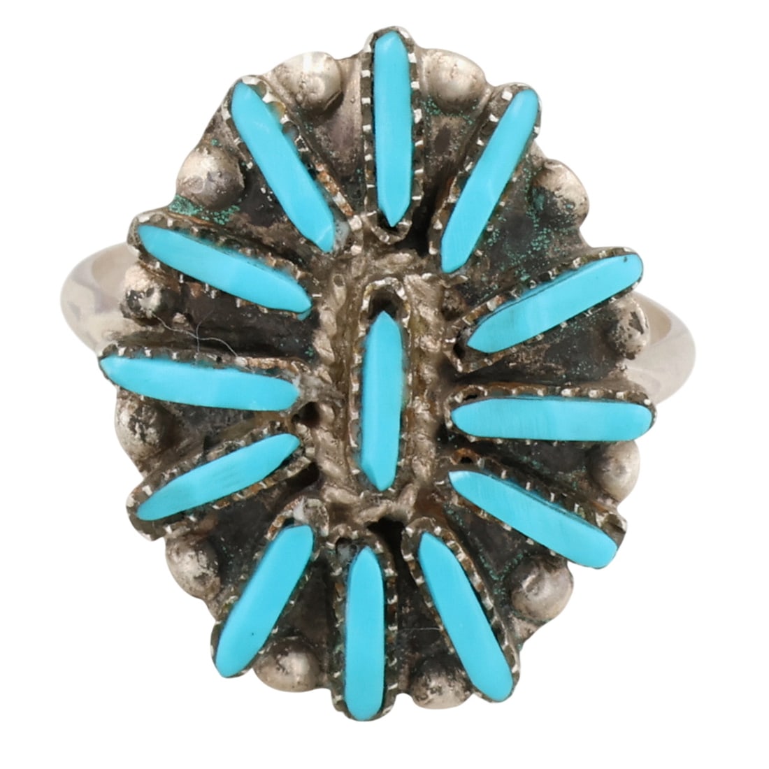 George Peina Zuni Sterling Turquoise Needlepoint Ring Sz 7.25: George Peina Zuni Sterling Turquoise Needlepoint Ring Sz 7.25 / 3g / Unsigned. Artist attribution based on accompanying tag.