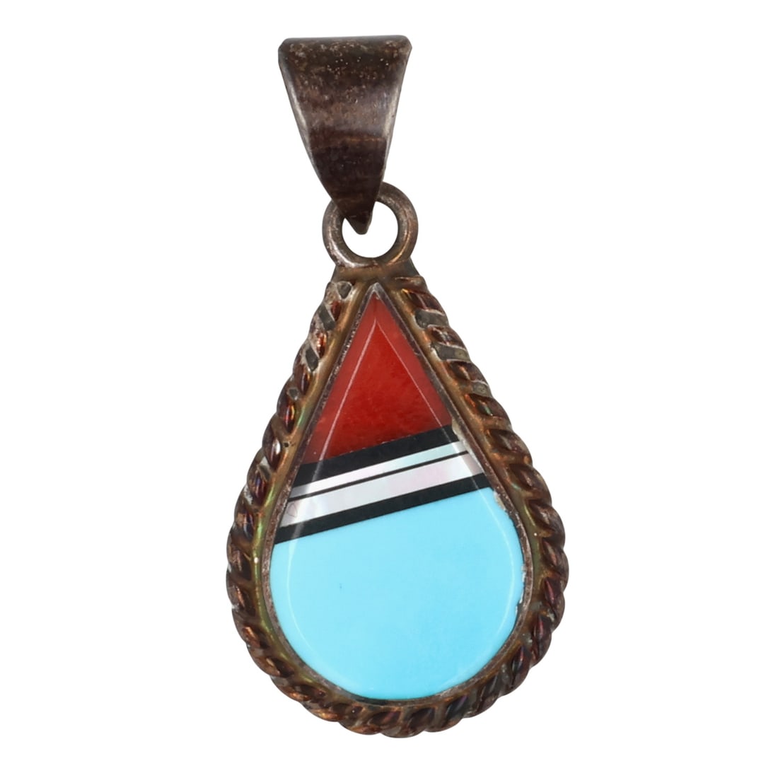 Duran Gasper Zuni Sterling Multi-Stone Inlay Pendant: Duran Gasper Zuni Sterling Multi-Stone Inlay Pendant / 2g / Turquoise, Coral, Onyx