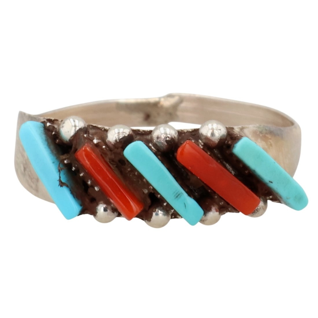 Cletus Lamy Zuni Sterling Turquoise Coral Ring Sz 5.75: Cletus Lamy Zuni Sterling Block Turquoise Coral Ring Sz 5.75 / 1.5g / Unsigned. Artist attribution based on accompanying tag.