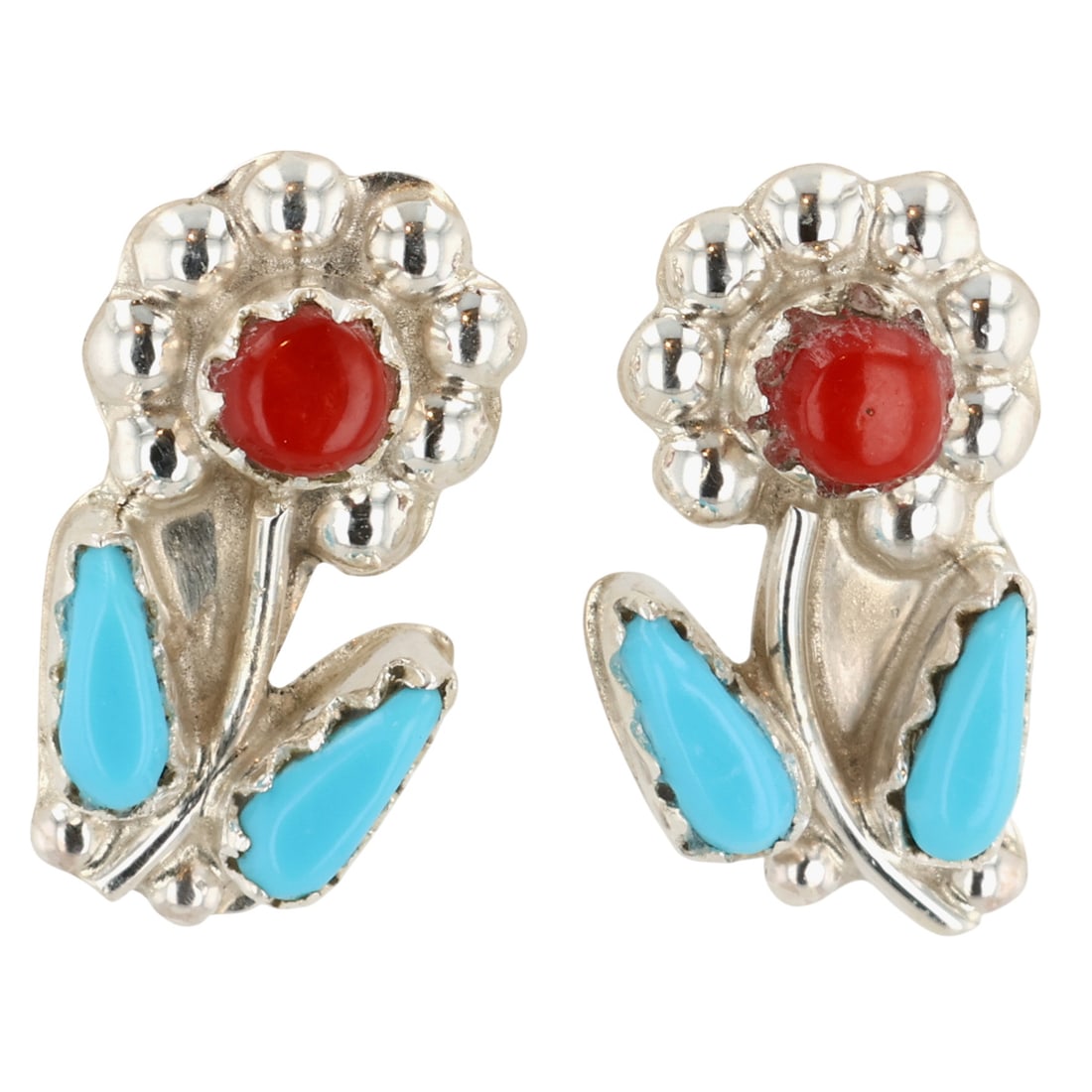 Erva Quam Zuni Sterling Turquoise Coral Flower Earrings: Erva Quam Zuni Sterling Turquoise Coral Flower Earrings / 2g / Unsigned. Artist attribution based on accompanying tag.