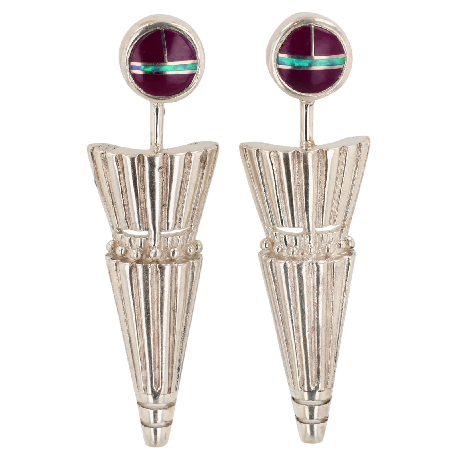 Southwest Sterling Multi-Stone Inlay Dangle Earrings: Southwest Sterling Multi-Stone Inlay Dangle Earrings / 7g / Opal, Synthetic Sugilite