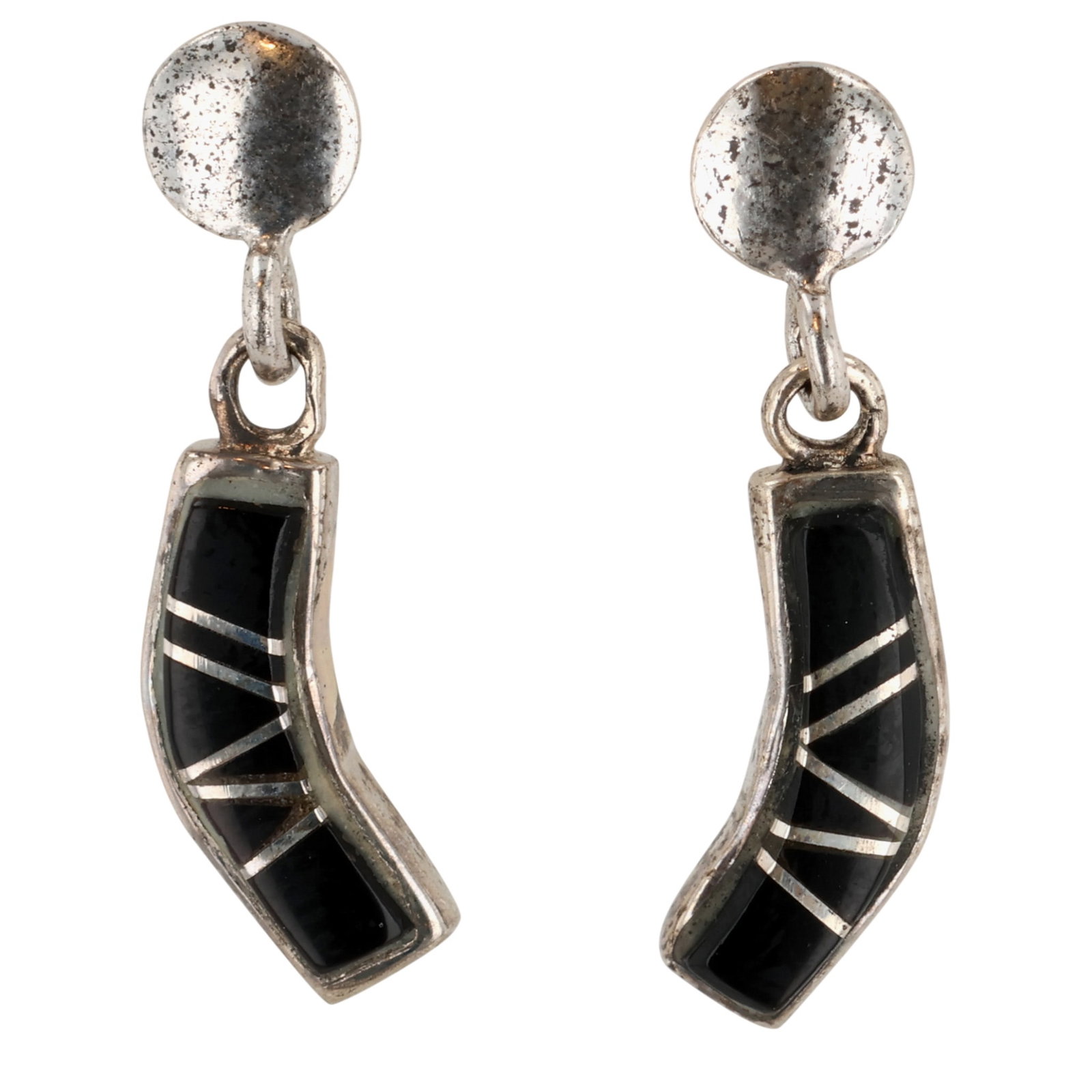Swain Charley Zuni Sterling Onyx Inlay Earrings: Swain Charley Zuni Sterling Onyx Inlay Earrings / 2.5g / Unsigned. Artist attribution based on accompanying tag.