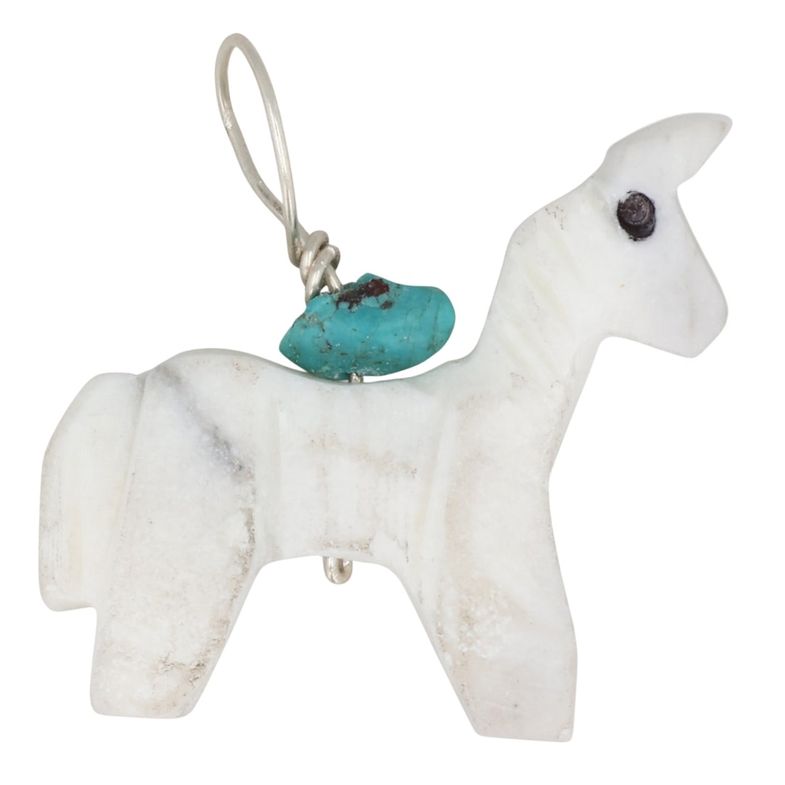 Allison White Navajo Sterling Multi-Stone Llama Pendant: Allison White Navajo Sterling Multi-Stone Llama Pendant / 2g / White Marble, Turquoise / Unsigned. Artist attribution based on accompanying tag.Unsigned. Artist attribution based on accompanying tag.