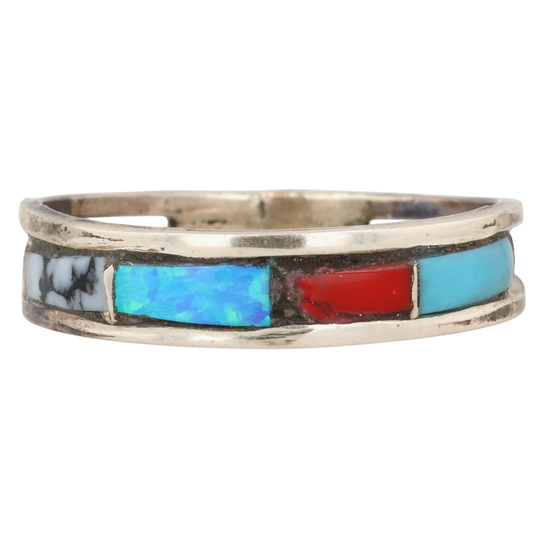 Debbie Livingston Navajo Sterling Multi-Stone Inlay Ring Sz 8: Debbie Livingston Navajo Sterling Multi-Stone Inlay Ring Sz 8 / 1.5g / Opal, Coral, Block White Buffalo, Block Turquoise / Imperfections in coral, see photos, as is / Signed J. Artist attribution base