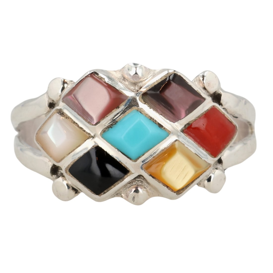 Bonnie Quam Zuni Sterling Multi-Stone Ring Sz 6.5: Bonnie Quam Zuni Sterling Multi-Stone Ring Sz 6.5 / 2g / Block Turquoise, Coral, Mother of Pearl, Abalone, Onyx