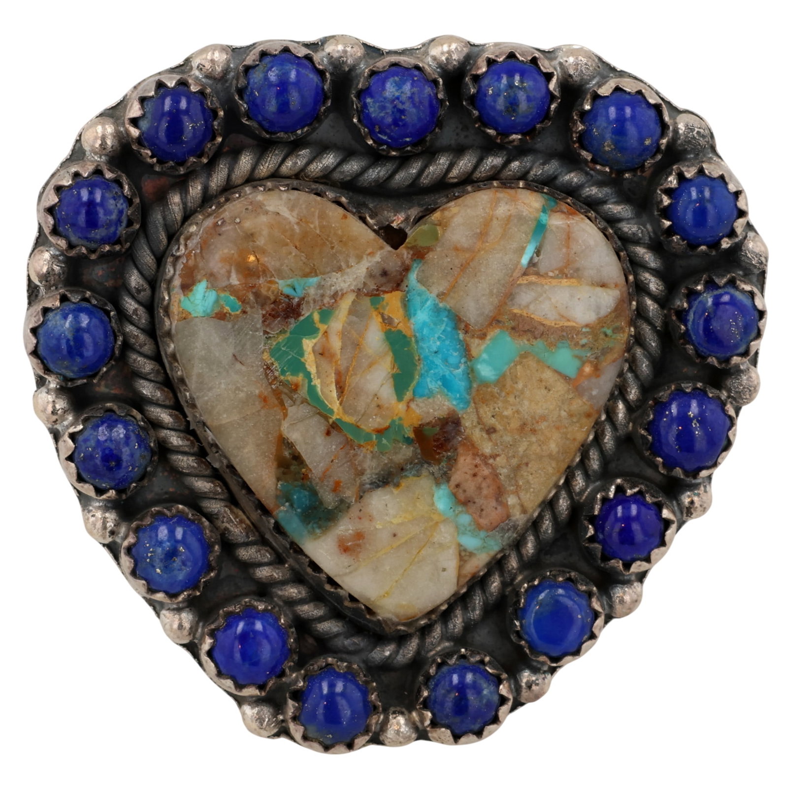 HaDa Collection Sterling Multi-Stone Heart Adjustable Ring: HaDa Collection Sterling Multi-Stone Heart Adjustable Ring Sz 7.25 / 22g / Lapis Lazuli, Compressed Boulder Ribbon Turquoise