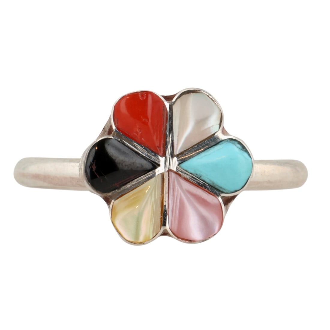 Raymond Bobelu Zuni Sterling Multi-Stone Ring Sz 6: Raymond Bobelu Zuni Sterling Multi-Stone Ring Sz 6 / 1g / Block Turquoise, Coral, Mother of Pearl, Onyx / Unsigned. Artist attribution based on accompanying tag.