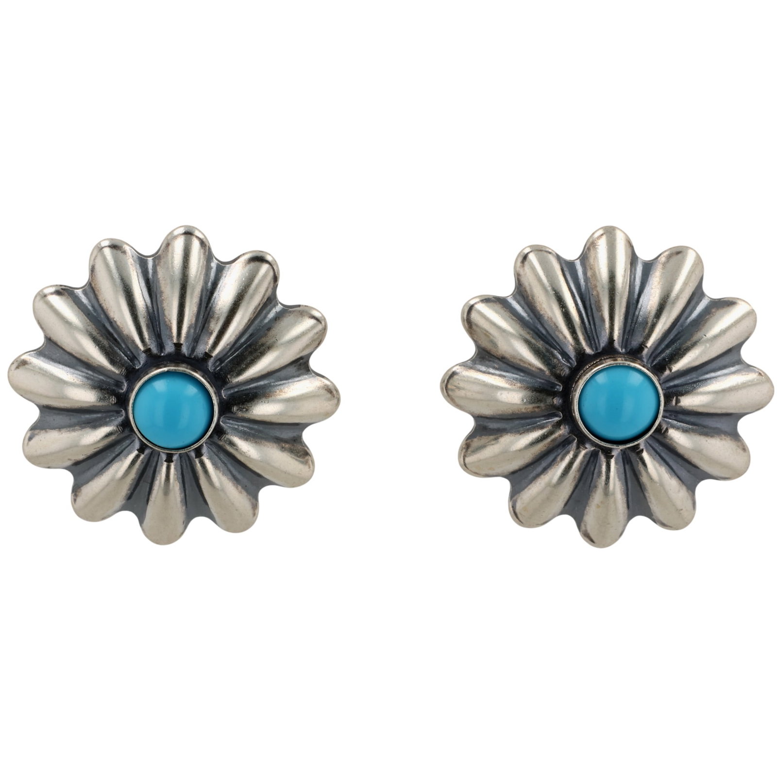 Southwest Sterling Kingman Turquoise Flower Earrings: Southwest Sterling Block Kingman Turquoise Flower Earrings / 4g