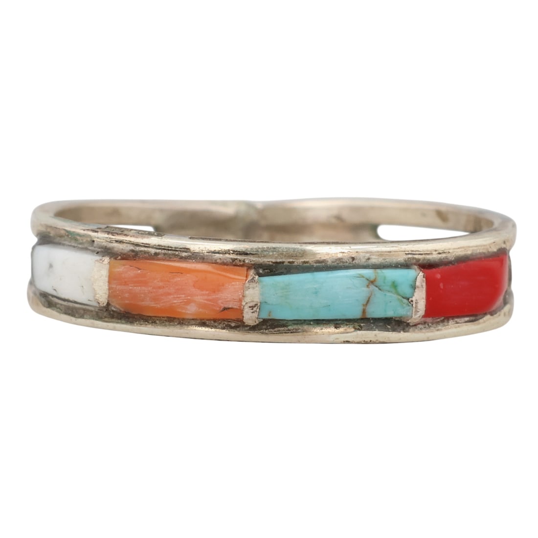 Debbie Livingston Navajo Sterling Multi-Stone Inlay Ring Sz 7.75: Debbie Livingston Navajo Sterling Multi-Stone Inlay Ring Sz 7.75 / 1.5g / Block White Buffalo, Block Turquoise, Coral, Spiny Oyster / Crack in turquoise, see photos / Unsigned. Artist attribution base