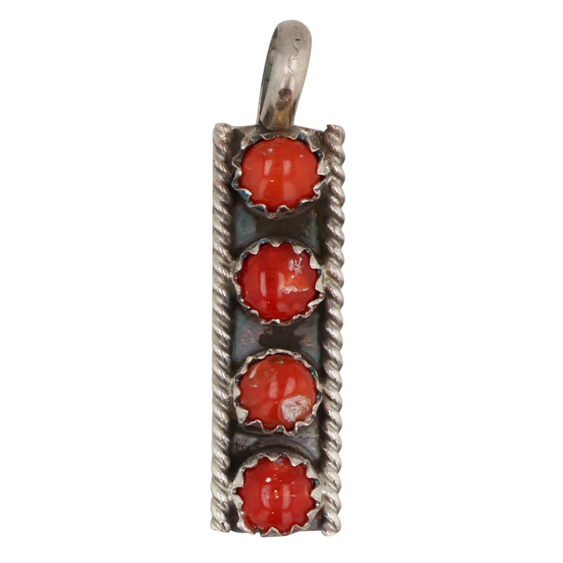 Janice Spencer Navajo Sterling Coral Bar Pendant: Janice Spencer Navajo Sterling Coral Bar Pendant / 1.5g / Imperfections in coral, see photos, as is / Unsigned. Artist attribution based on accompanying tag.