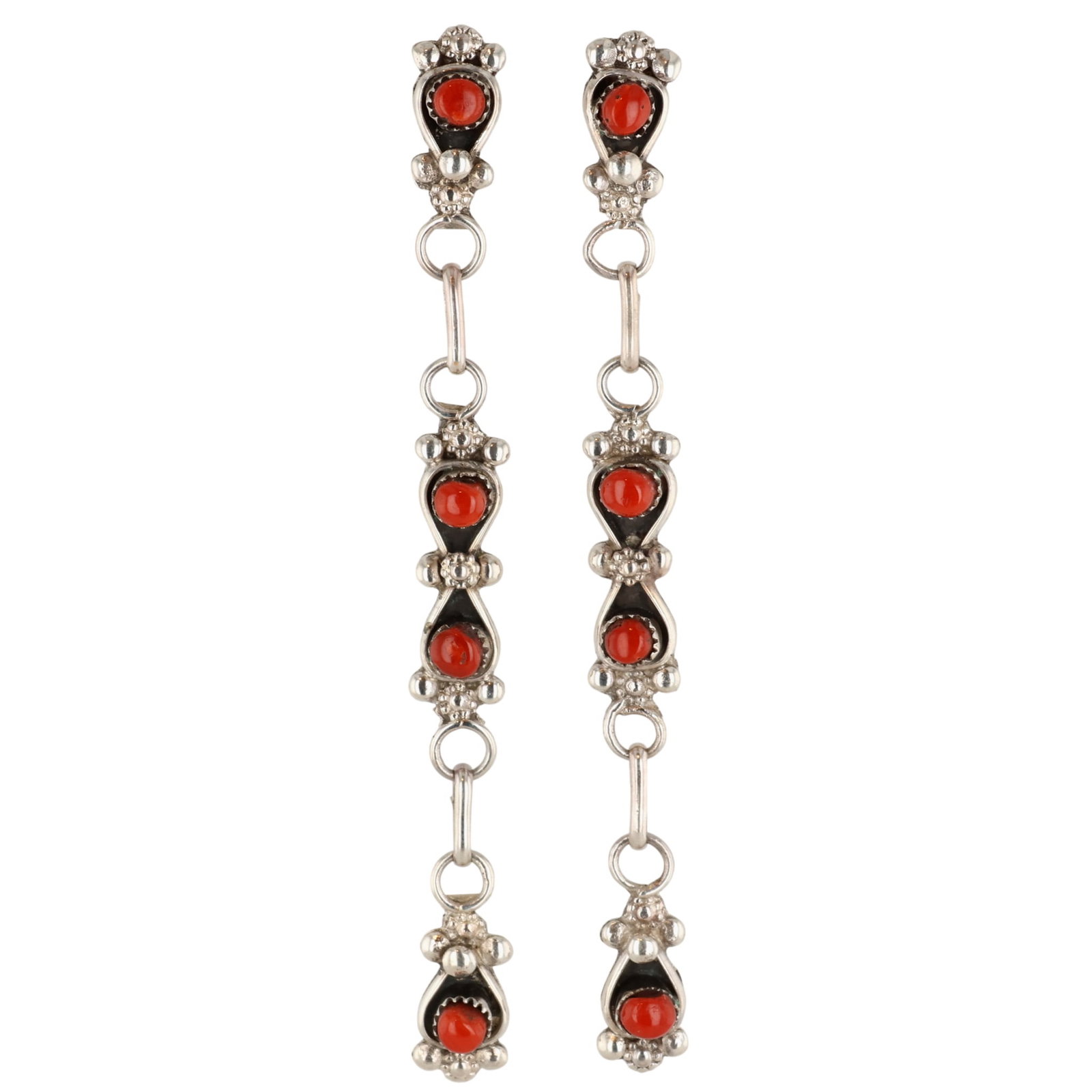 Verdi Booqua Zuni Sterling Coral Snake Eye Earrings: Verdi Booqua Zuni Sterling Coral Snake Eye Earrings / 6.5g / Unsigned. Artist attribution based on accompanying tag.