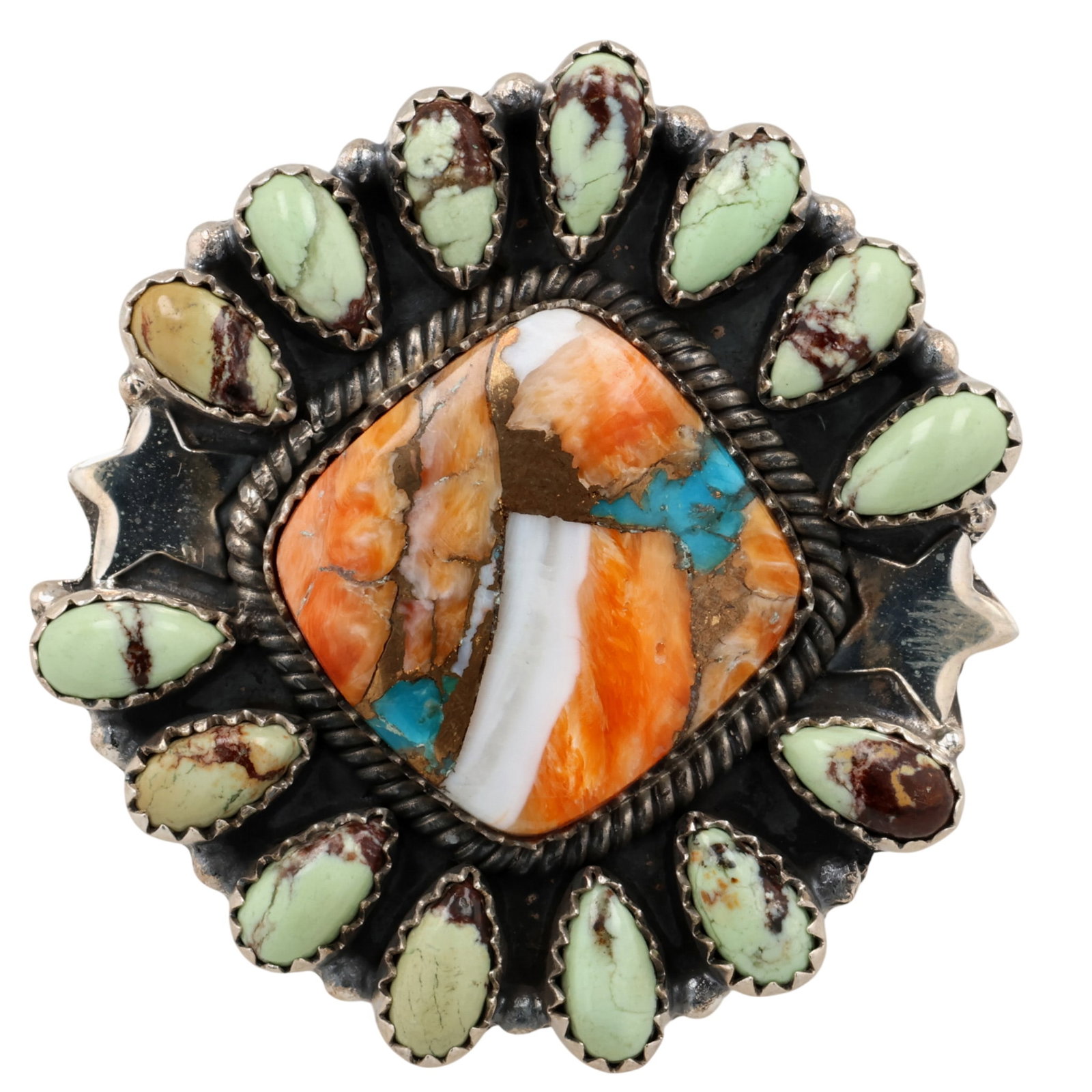 HaDa Collection Sterling Multi-Stone Adjustable Ring: HaDa Collection Sterling Multi-Stone Adjustable Ring Sz 5.25 / 26g / Compressed Spiny Oyster and Turquoise