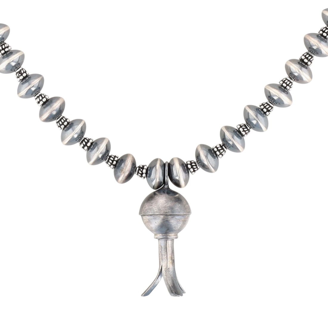 Southwest Sterling Oxidized Bead Squash Blossom Necklace: Southwest Sterling Oxidized Bead Squash Blossom Necklace / 44g